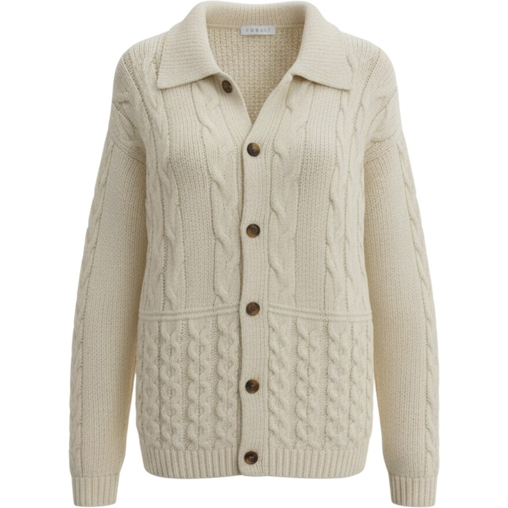 Cobalt Cream Fisherman Core Cable Knit Button Cardigan Sweater Spread Collar